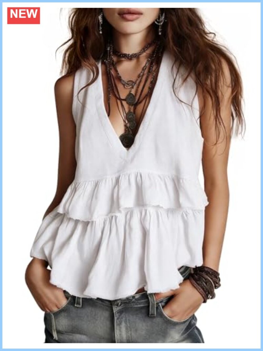 Cotton Linen Babydoll Peplum Tank Top V Neck Ruffle Hem Flowy Summer Blouse